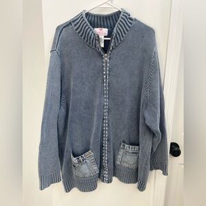 Quacker Factory Women’s Blue Denim Zip Sweater With Stones Size 3X